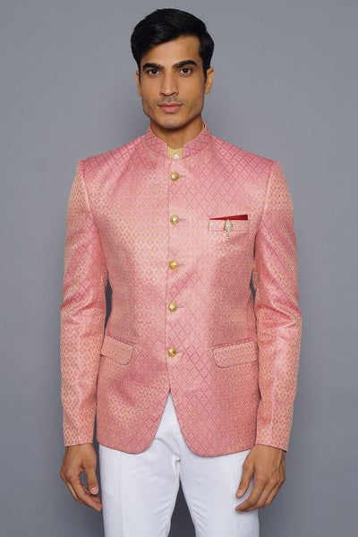 Wintage Men's Banarasi Rayon Cotton Casual and Festive Indian Jodhpuri Grandad Bandhgala Blazer : Pink