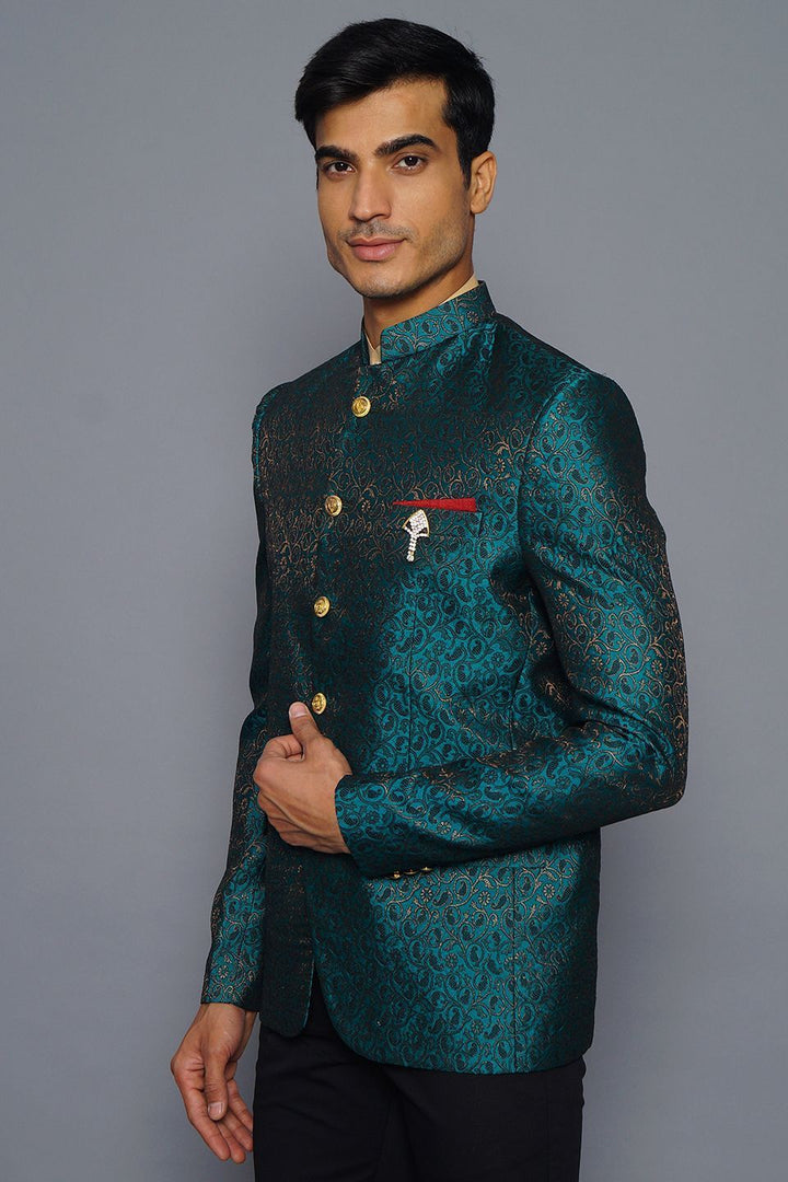 Wintage Men's Banarsi Rayon Cotton Casual and Festive Indian Jodhpuri Grandad Bandhgala Blazer : Green
