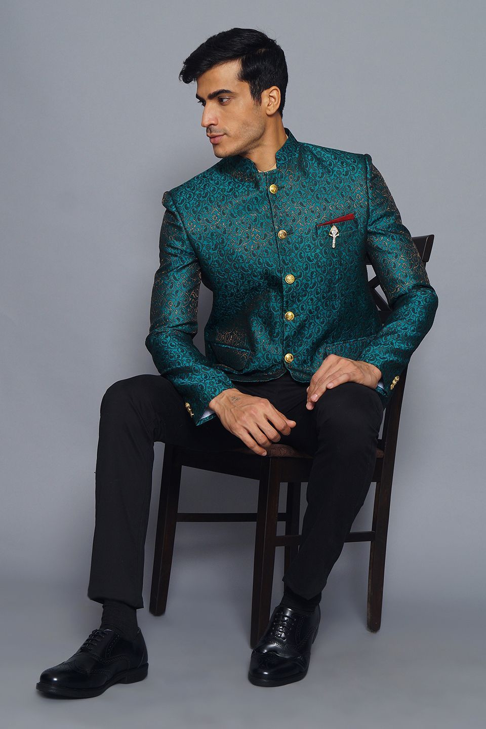 Wintage Men's Banarsi Rayon Cotton Casual and Festive Indian Jodhpuri Grandad Bandhgala Blazer : Green