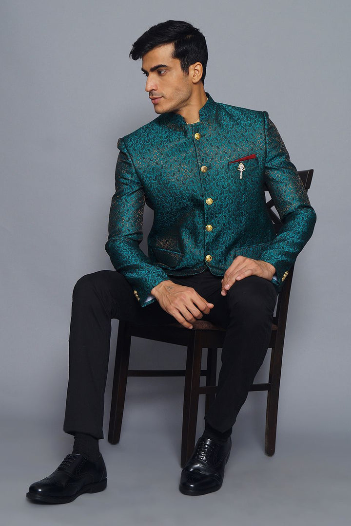 Wintage Men's Banarsi Rayon Cotton Casual and Festive Indian Jodhpuri Grandad Bandhgala Blazer : Green