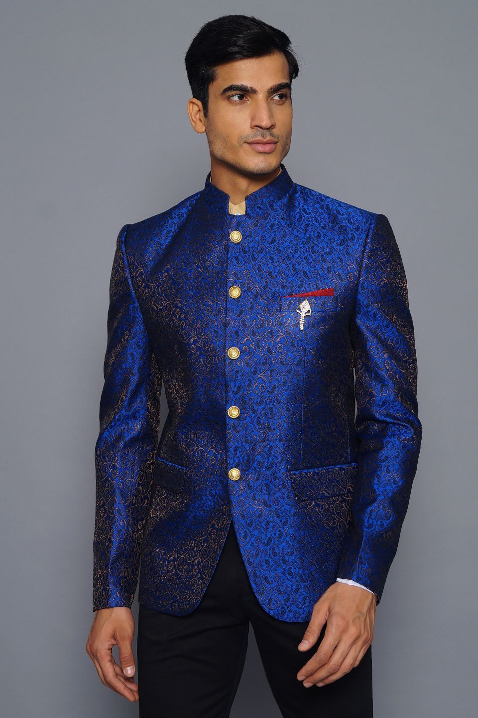 Wintage Men's Banarasi Rayon Cotton Casual and Festive Indian Jodhpuri Grandad Bandhgala Blazer : Blue