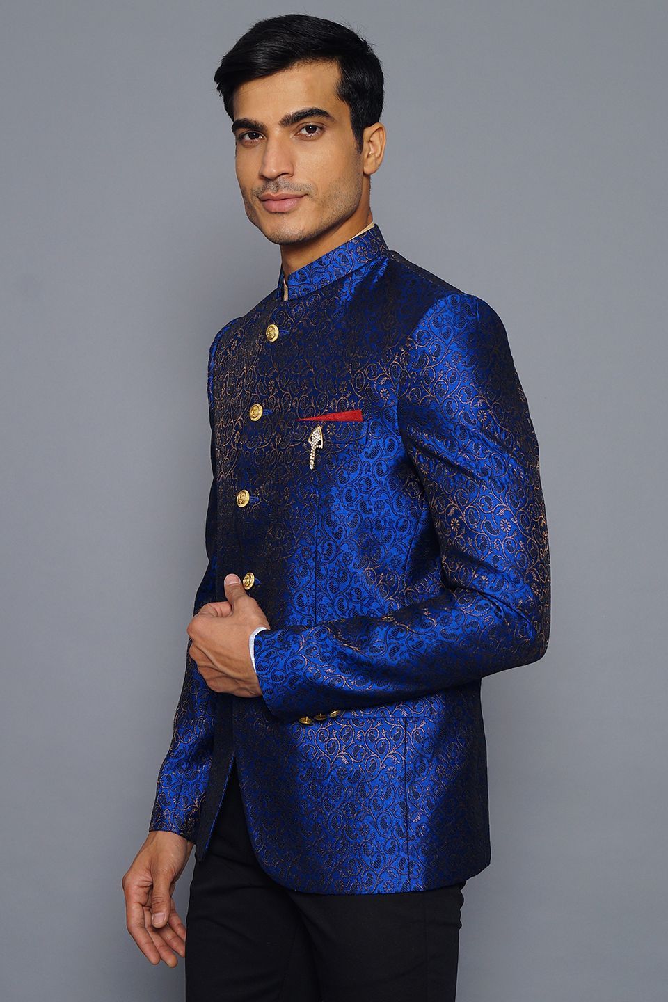 Wintage Men's Banarsi Rayon Cotton Casual and Festive Indian Jodhpuri Grandad Bandhgala Blazer : Blue