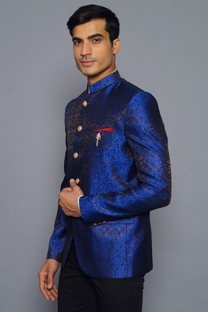 Wintage Men's Banarsi Rayon Cotton Casual and Festive Indian Jodhpuri Grandad Bandhgala Blazer : Blue