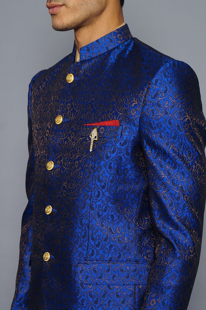 Wintage Men's Banarsi Rayon Cotton Casual and Festive Indian Jodhpuri Grandad Bandhgala Blazer : Blue