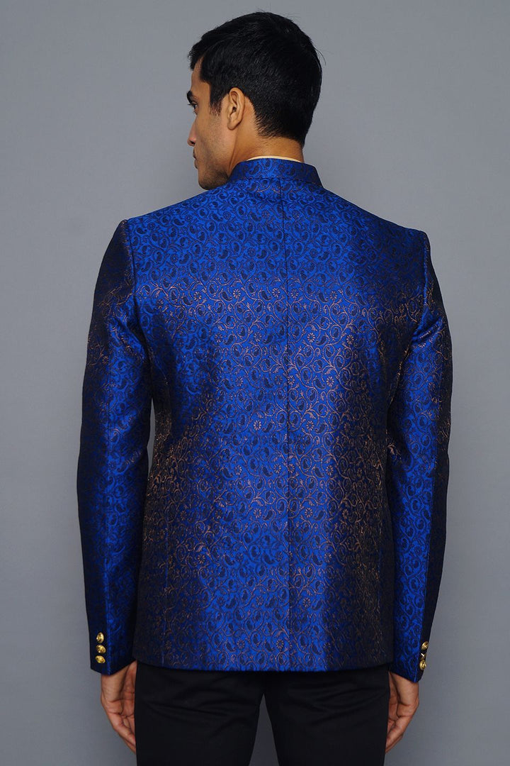 Wintage Men's Banarsi Rayon Cotton Casual and Festive Indian Jodhpuri Grandad Bandhgala Blazer : Blue