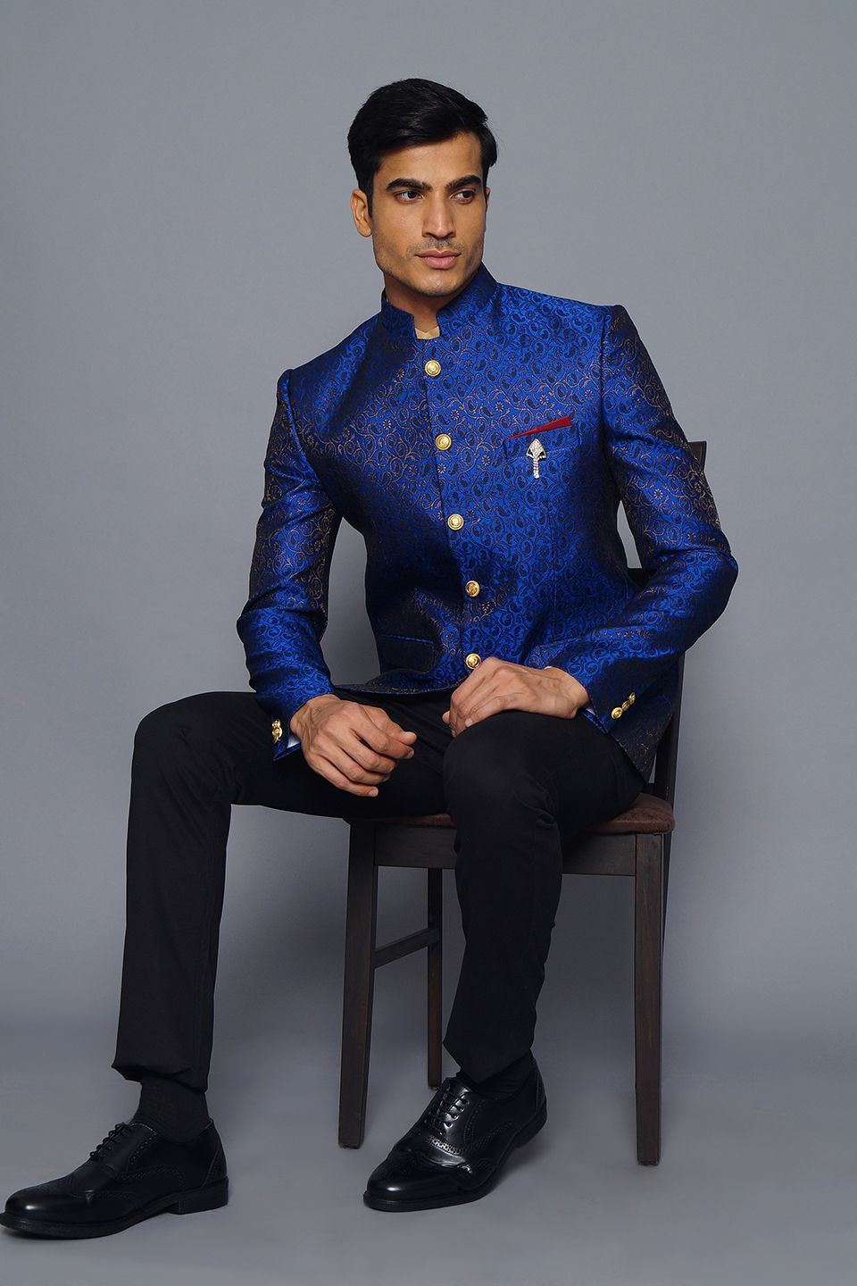 Wintage Men's Banarsi Rayon Cotton Casual and Festive Indian Jodhpuri Grandad Bandhgala Blazer : Blue
