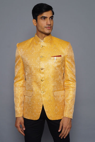 Wintage Men's Banarasi Rayon Cotton Casual and Festive Indian Jodhpuri Grandad Bandhgala Blazer : Yellow