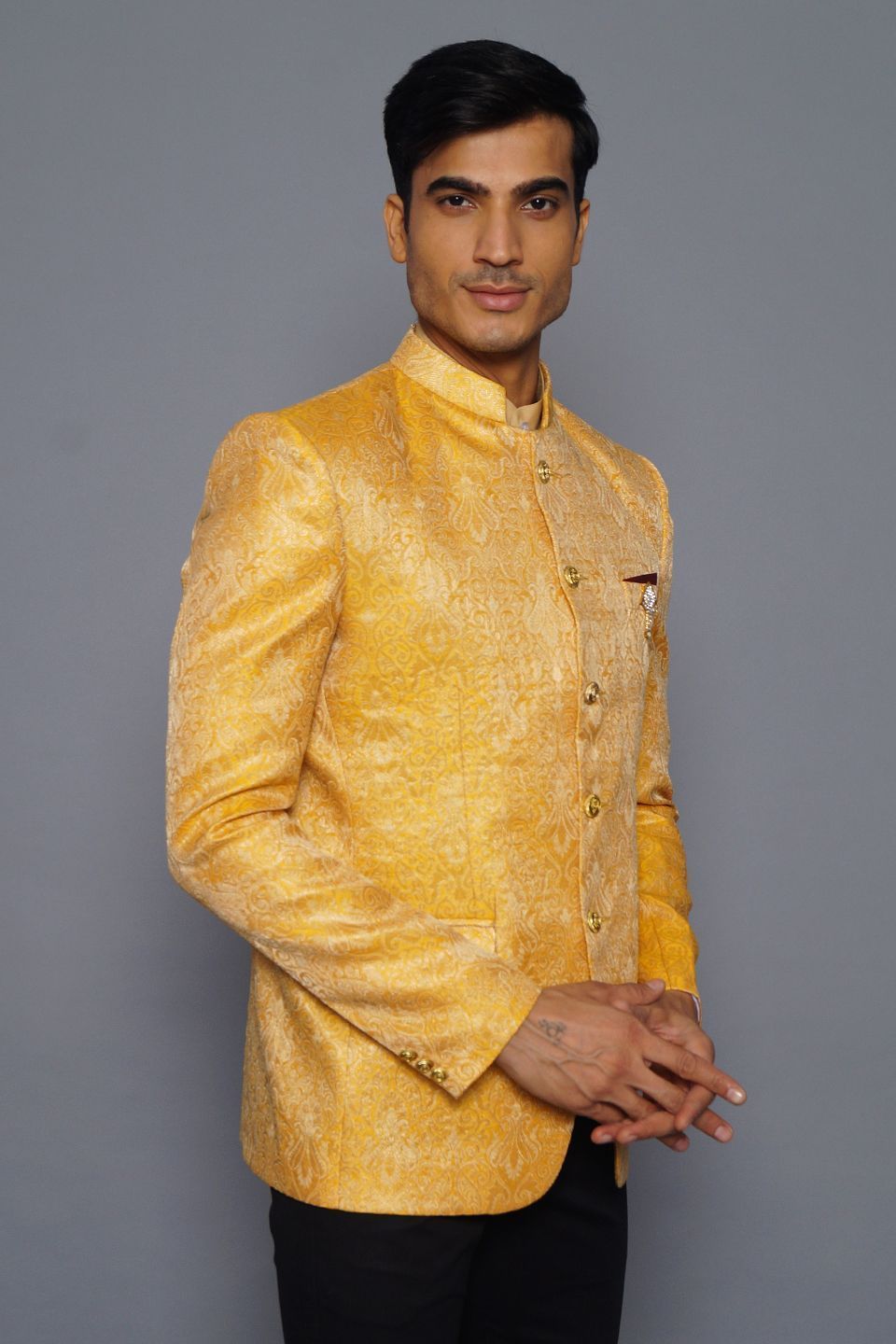 Wintage Men's Banarsi Rayon Cotton Casual and Festive Indian Jodhpuri Grandad Bandhgala Blazer : Yellow