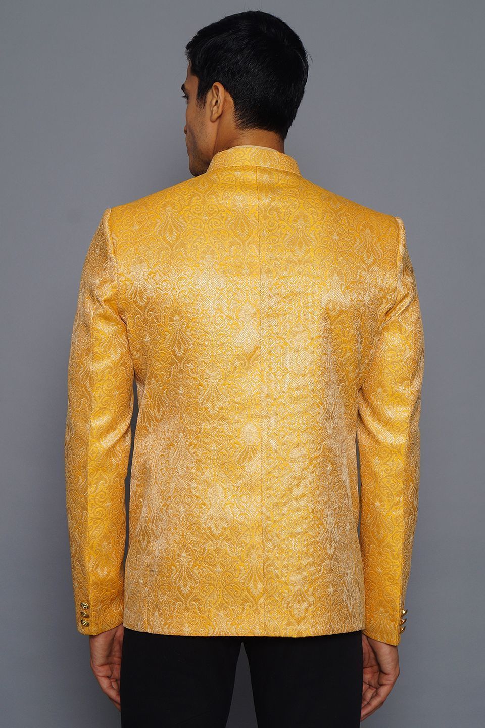 Wintage Men's Banarsi Rayon Cotton Casual and Festive Indian Jodhpuri Grandad Bandhgala Blazer : Yellow