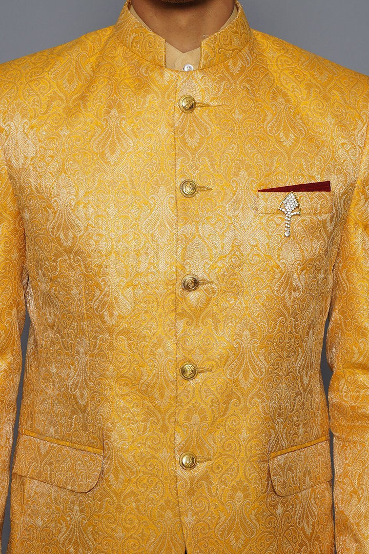 Wintage Men's Banarsi Rayon Cotton Casual and Festive Indian Jodhpuri Grandad Bandhgala Blazer : Yellow