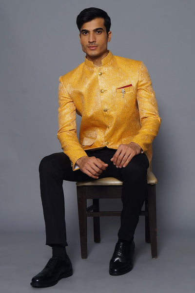 Wintage Men's Banarsi Rayon Cotton Casual and Festive Indian Jodhpuri Grandad Bandhgala Blazer : Yellow