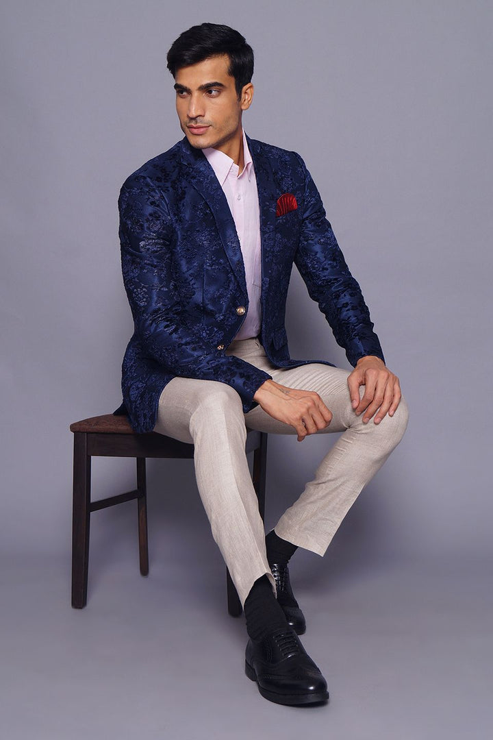 Wintage Men's Embroidered Velvet  Coat Blazer Jacket: Blue