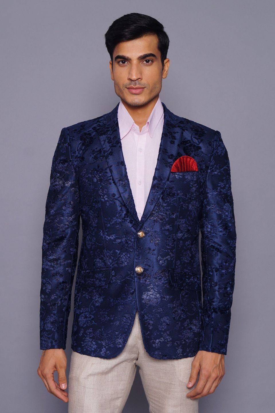 Wintage Men's Embroidered Velvet  Coat Blazer Jacket: Blue