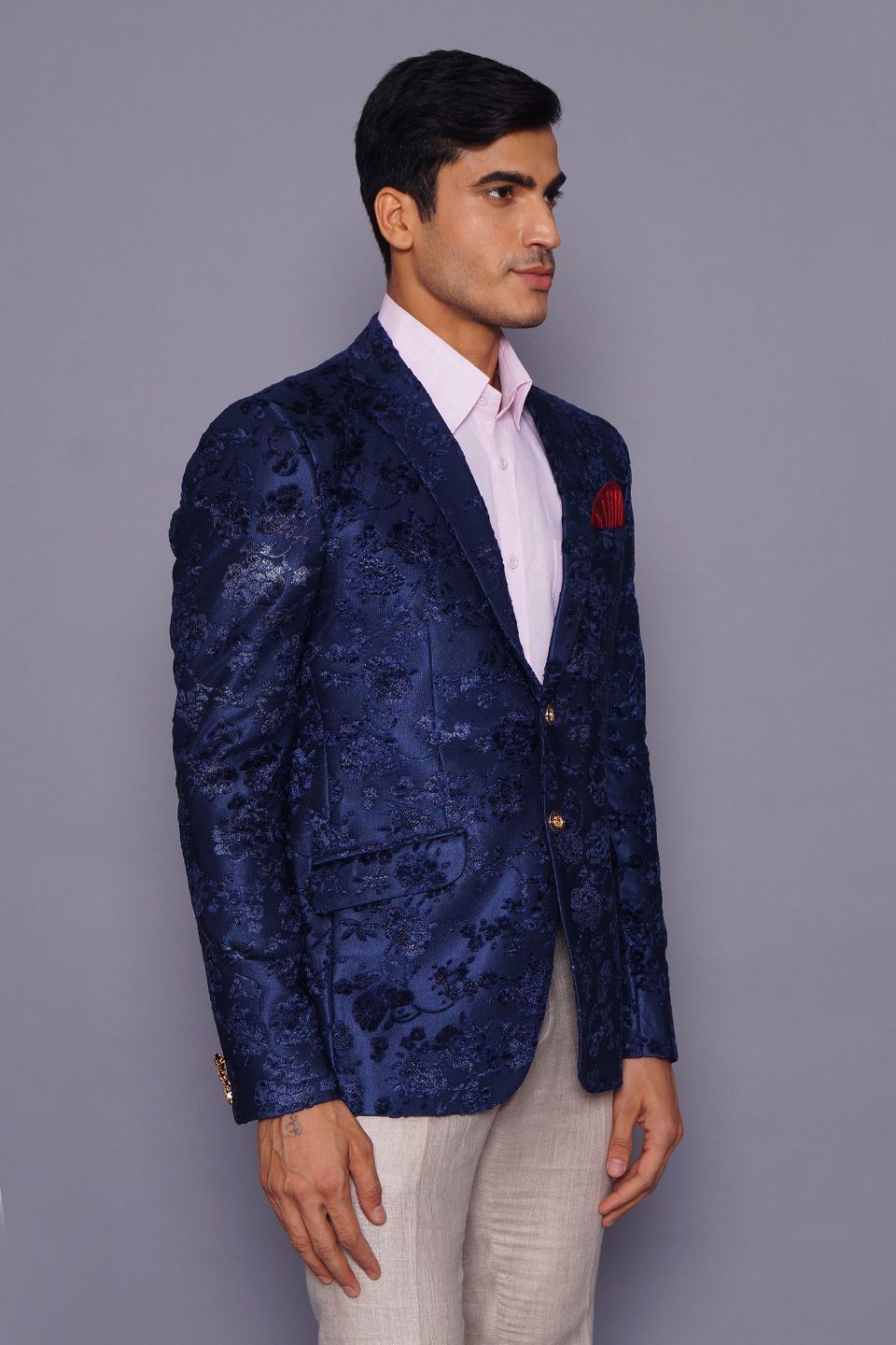 Wintage Men's Embroidered Velvet  Coat Blazer Jacket: Blue