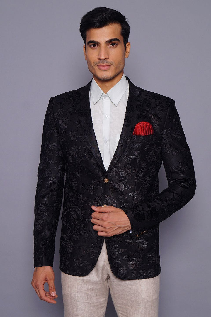 Wintage Men's Embroidered Velvet  Coat Blazer Jacket: Black