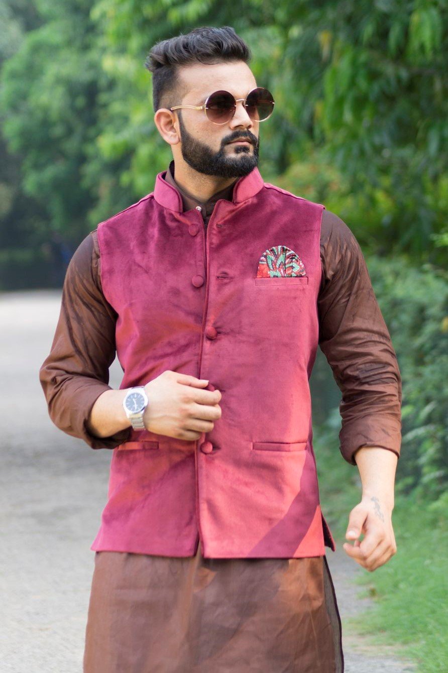 Dust Free Cotton Velvet Red Modi Nehru Jacket