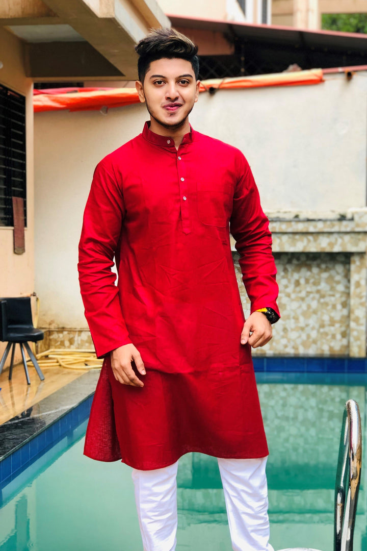 Cotton Silk Red Kurta Pyjama