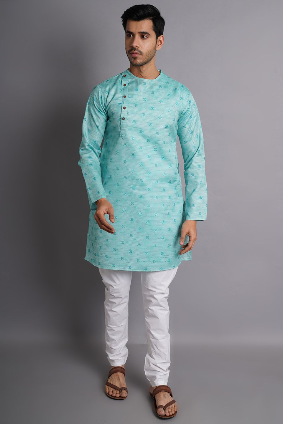Cotton Silk Green Printed Kurta Pajama