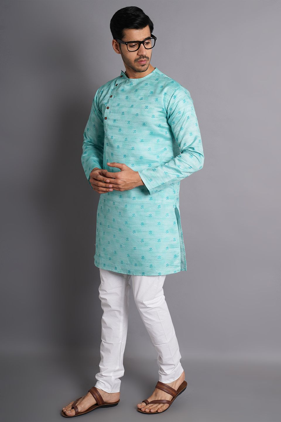 Cotton Silk Green Printed Kurta Pajama