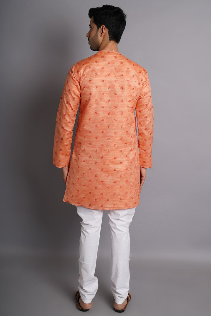 Cotton Silk Orange Printed Kurta Pajama