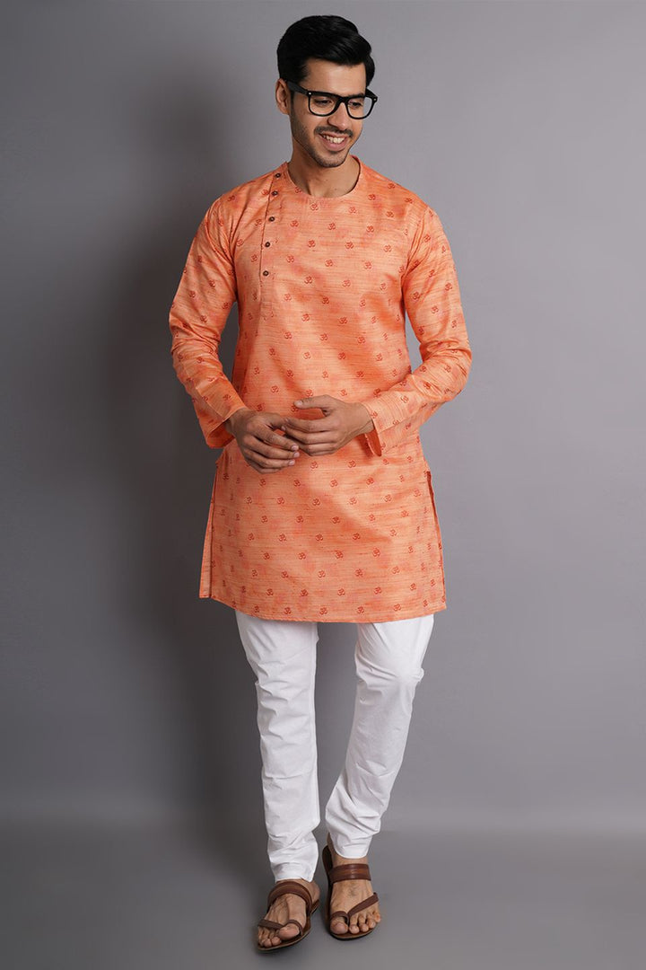 Cotton Silk Orange Printed Kurta Pajama