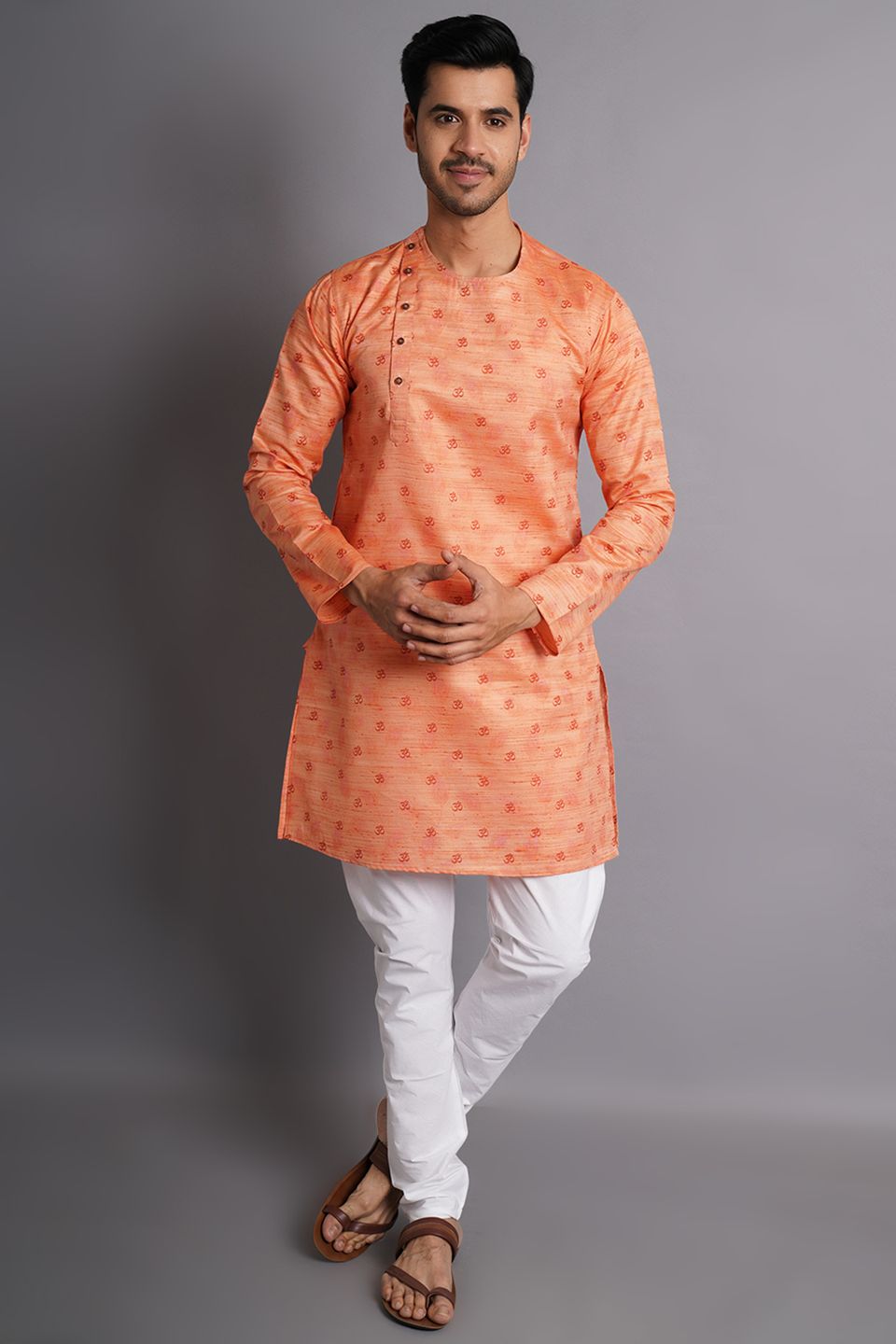 Cotton Silk Orange Printed Kurta Pajama