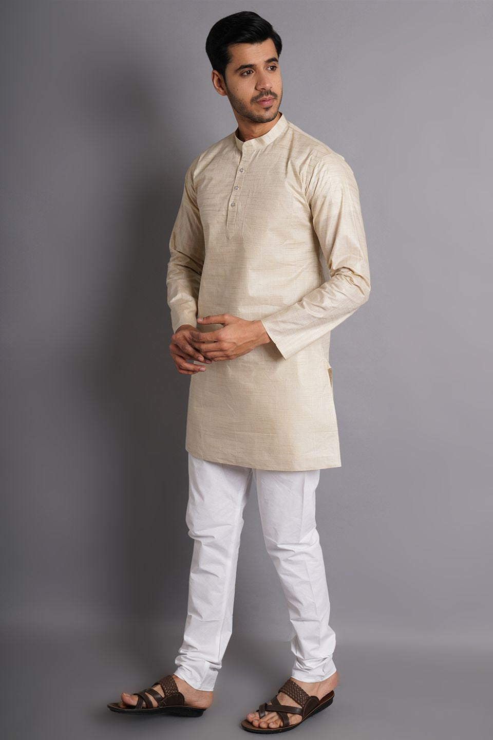 Matka Silk Beige Solid Kurta Pajama