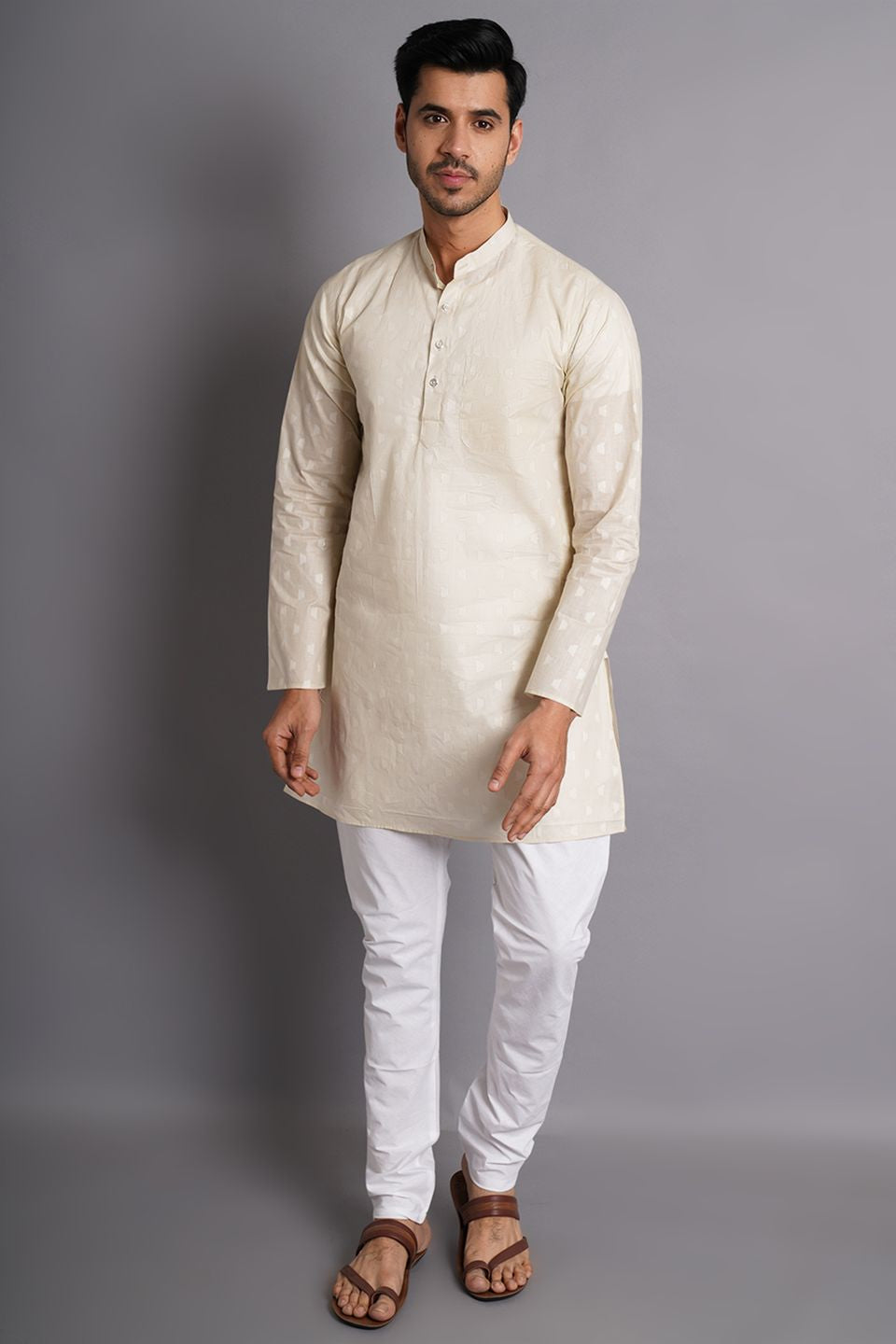 Cotton Cream Printed Kurta Pajama