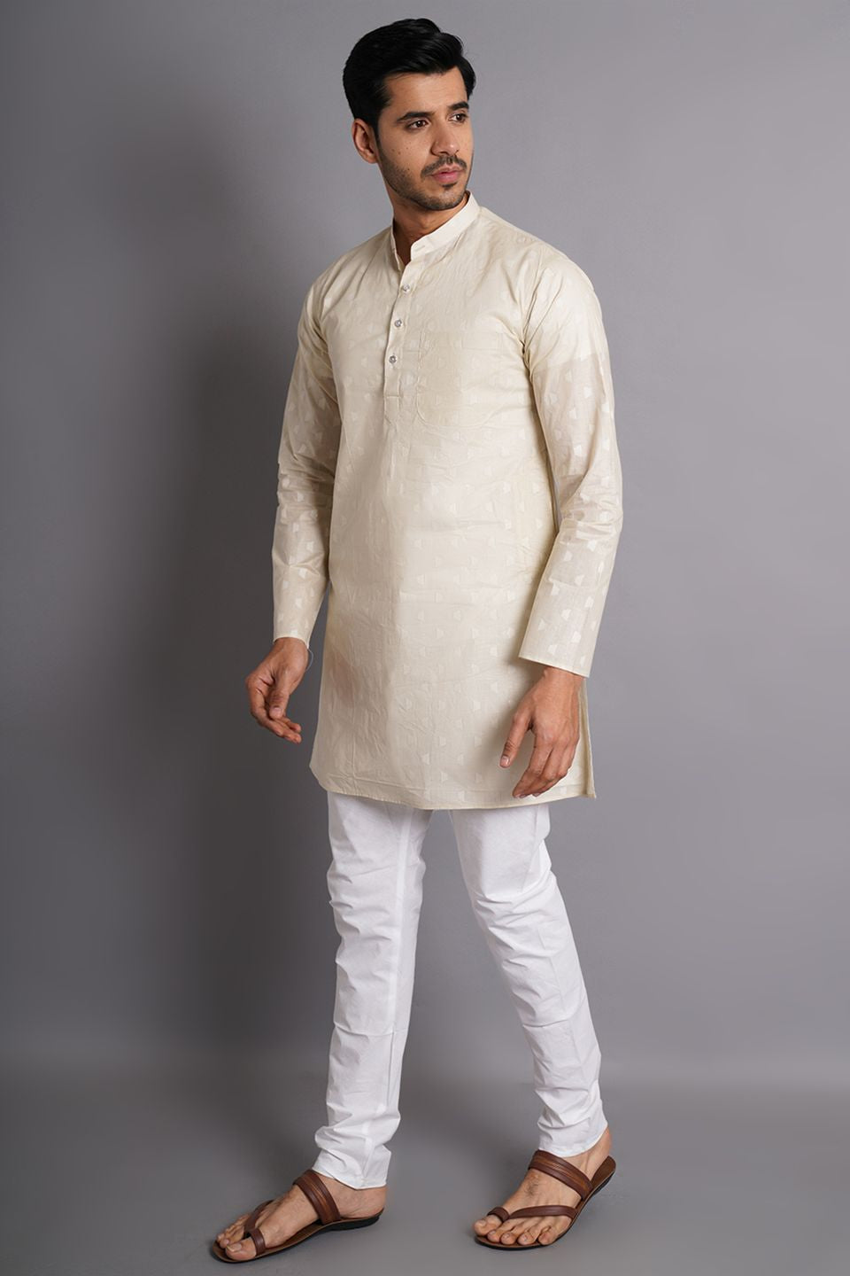 Cotton Cream Printed Kurta Pajama