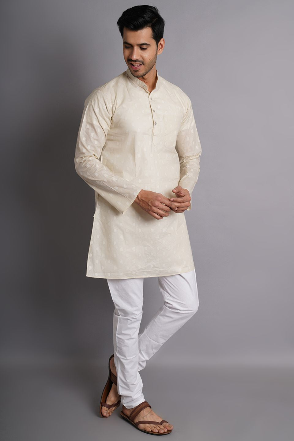 Cotton Cream Printed Kurta Pajama