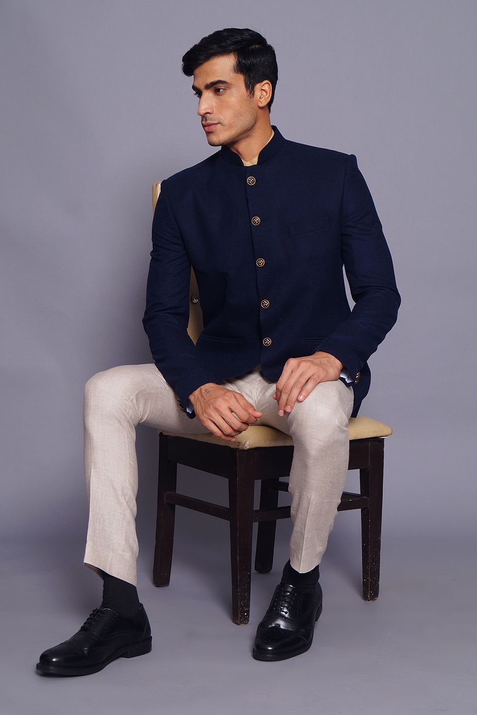 Wintage Men's Wool Casual and Festive Bandhgala Blazer : Navy Blue 