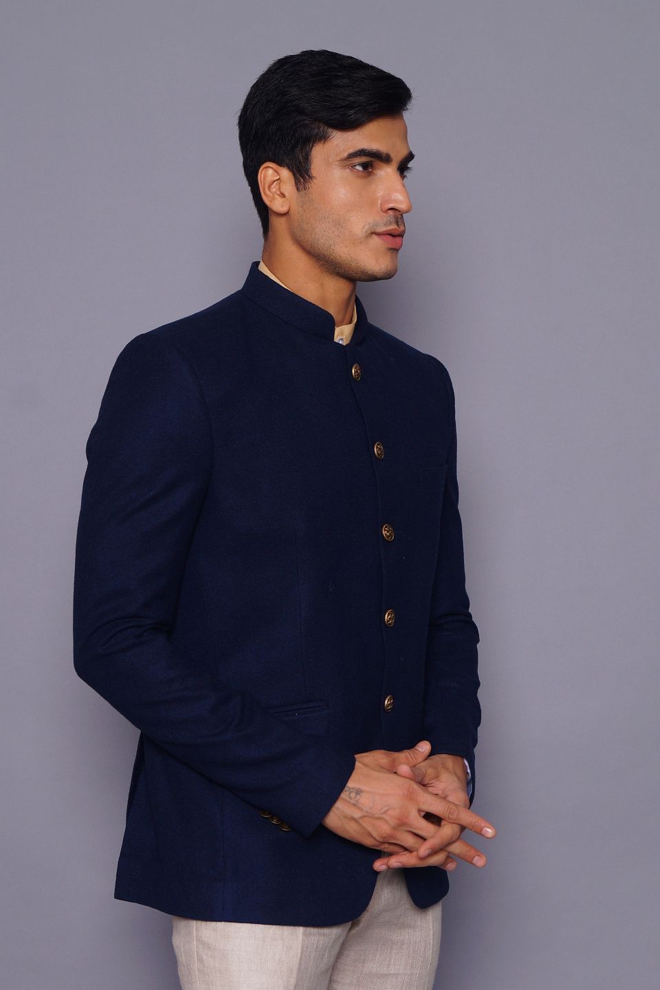Wintage Men's Wool Casual and Festive Bandhgala Blazer : Navy Blue 