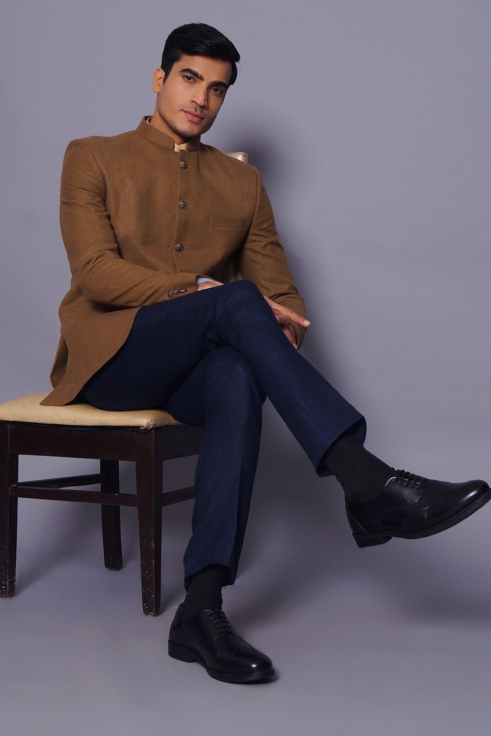 Wintage Men's Wool Casual and Festive Bandhgala Blazer : Brown