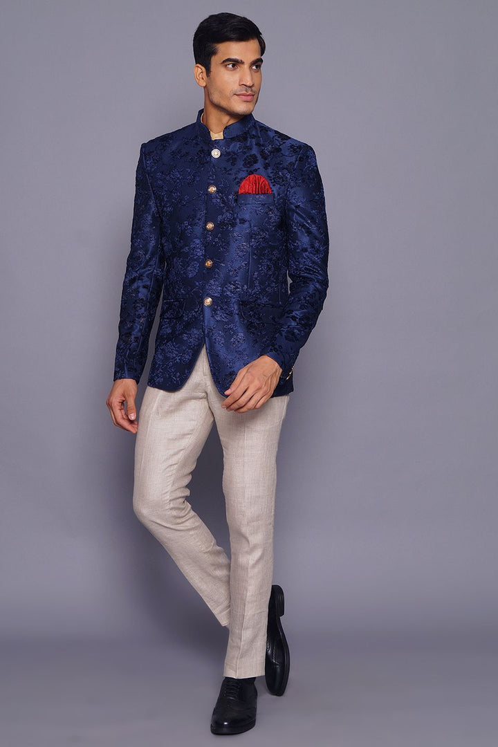 Wintage Men's Embroidered Velvet Party/Festive Indian Jodhpuri Grandad Bandhgala Blazer : Blue