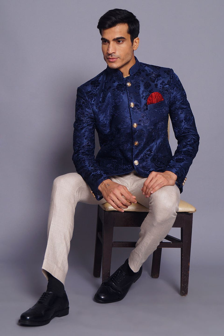 Wintage Men's Embroidered Velvet Party/Festive Indian Jodhpuri Grandad Bandhgala Blazer : Blue