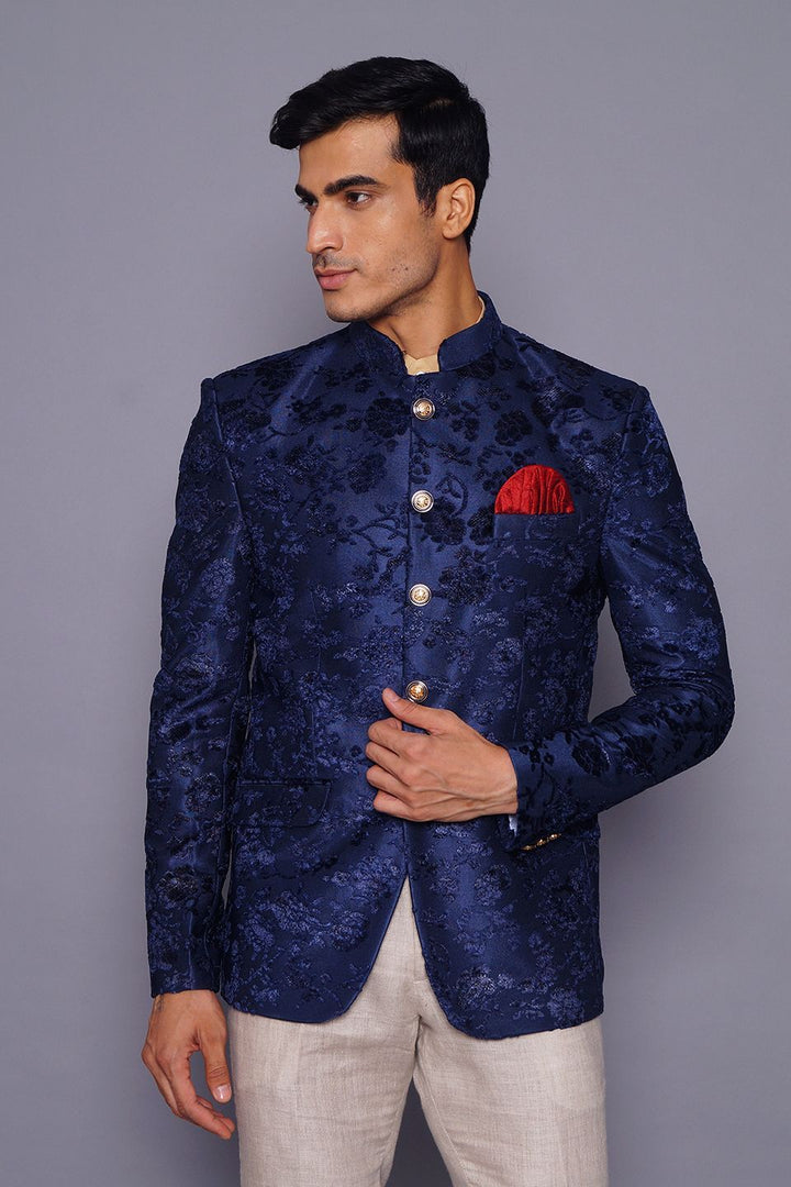 Wintage Men's Embroidered Velvet Party/Festive Indian Jodhpuri Grandad Bandhgala Blazer : Blue