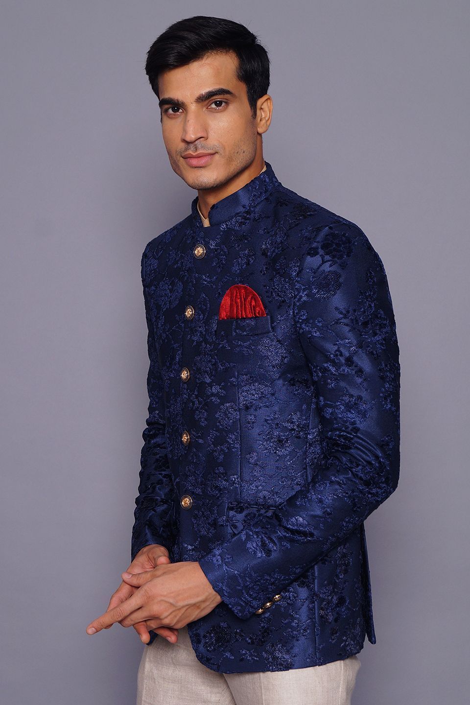 Wintage Men's Embroidered Velvet Party/Festive Indian Jodhpuri Grandad Bandhgala Blazer : Blue