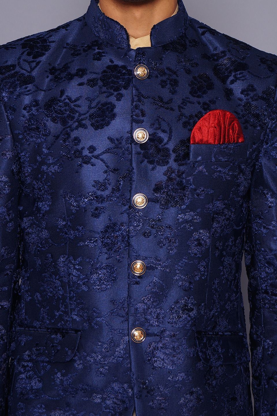 Wintage Men's Embroidered Velvet Party/Festive Indian Jodhpuri Grandad Bandhgala Blazer : Blue