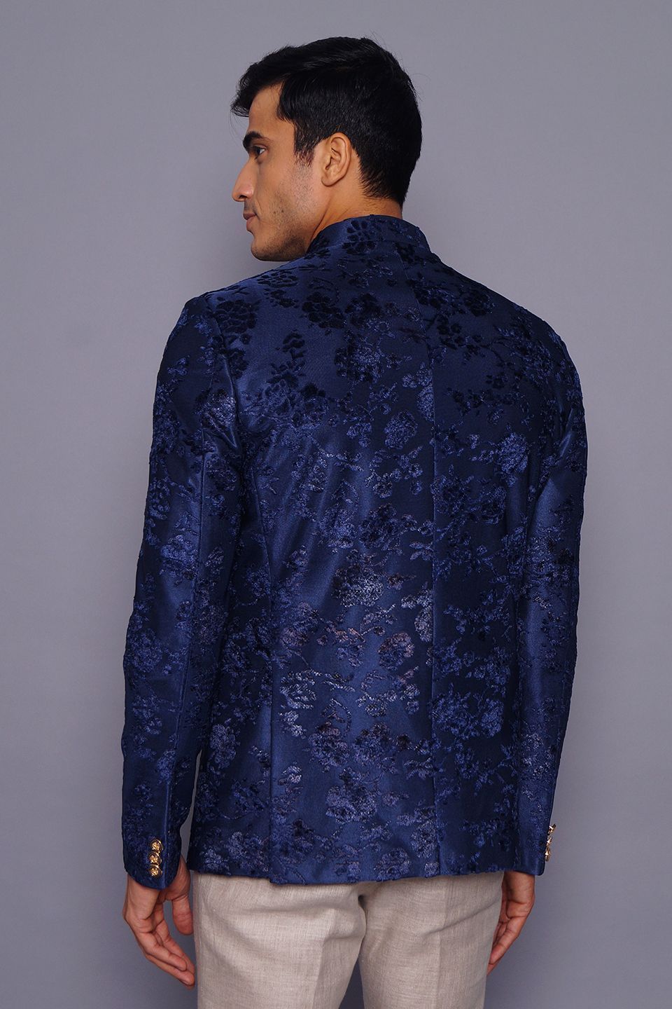 Wintage Men's Embroidered Velvet Party/Festive Indian Jodhpuri Grandad Bandhgala Blazer : Blue