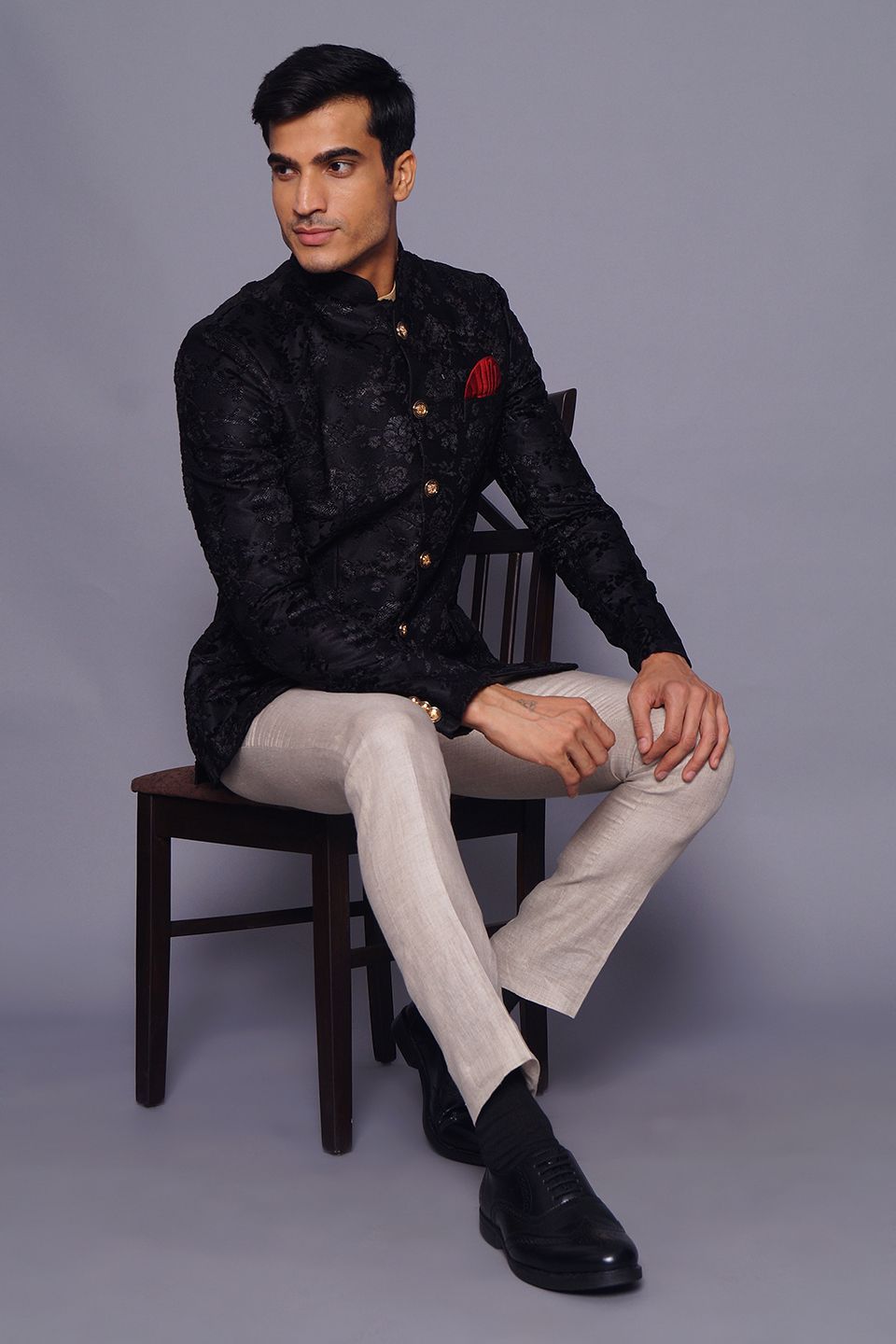 Wintage Men's Embroidered Velvet Party/Festive Indian Jodhpuri Grandad Bandhgala Blazer : Black