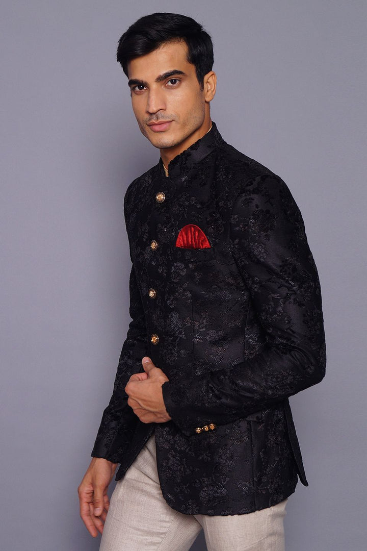Wintage Men's Embroidered Velvet Party/Festive Indian Jodhpuri Grandad Bandhgala Blazer : Black