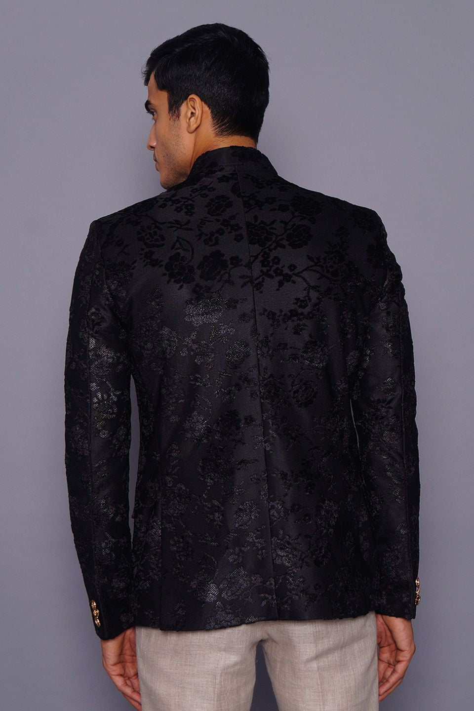 Wintage Men's Embroidered Velvet Party/Festive Indian Jodhpuri Grandad Bandhgala Blazer : Black
