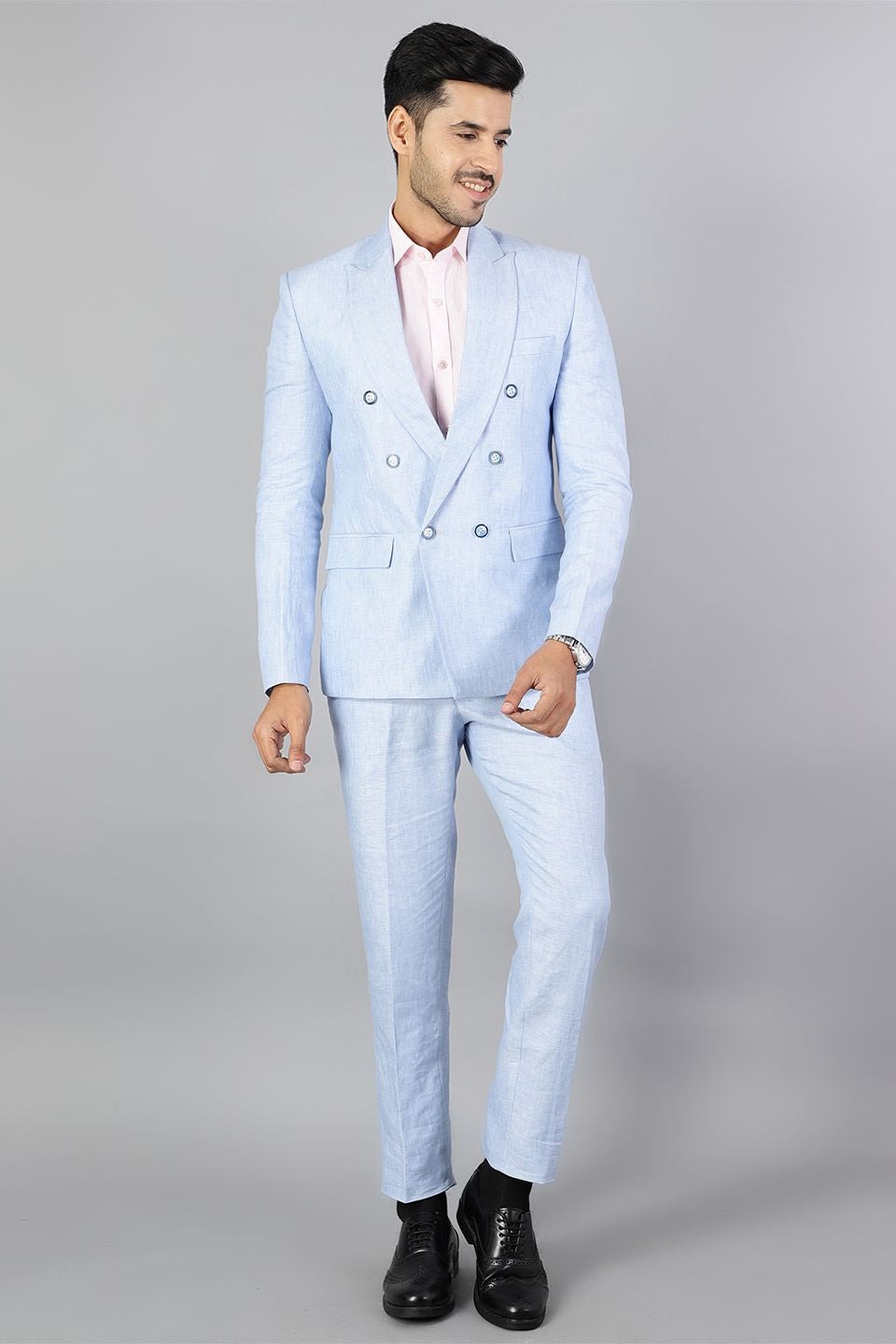 Double-Breasted Linen Sky Blue  Suit