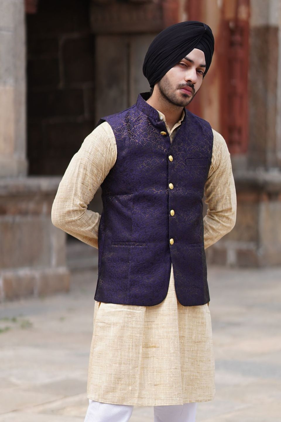 Banarasi Rayon Cotton Black Modi Nehru Jacket