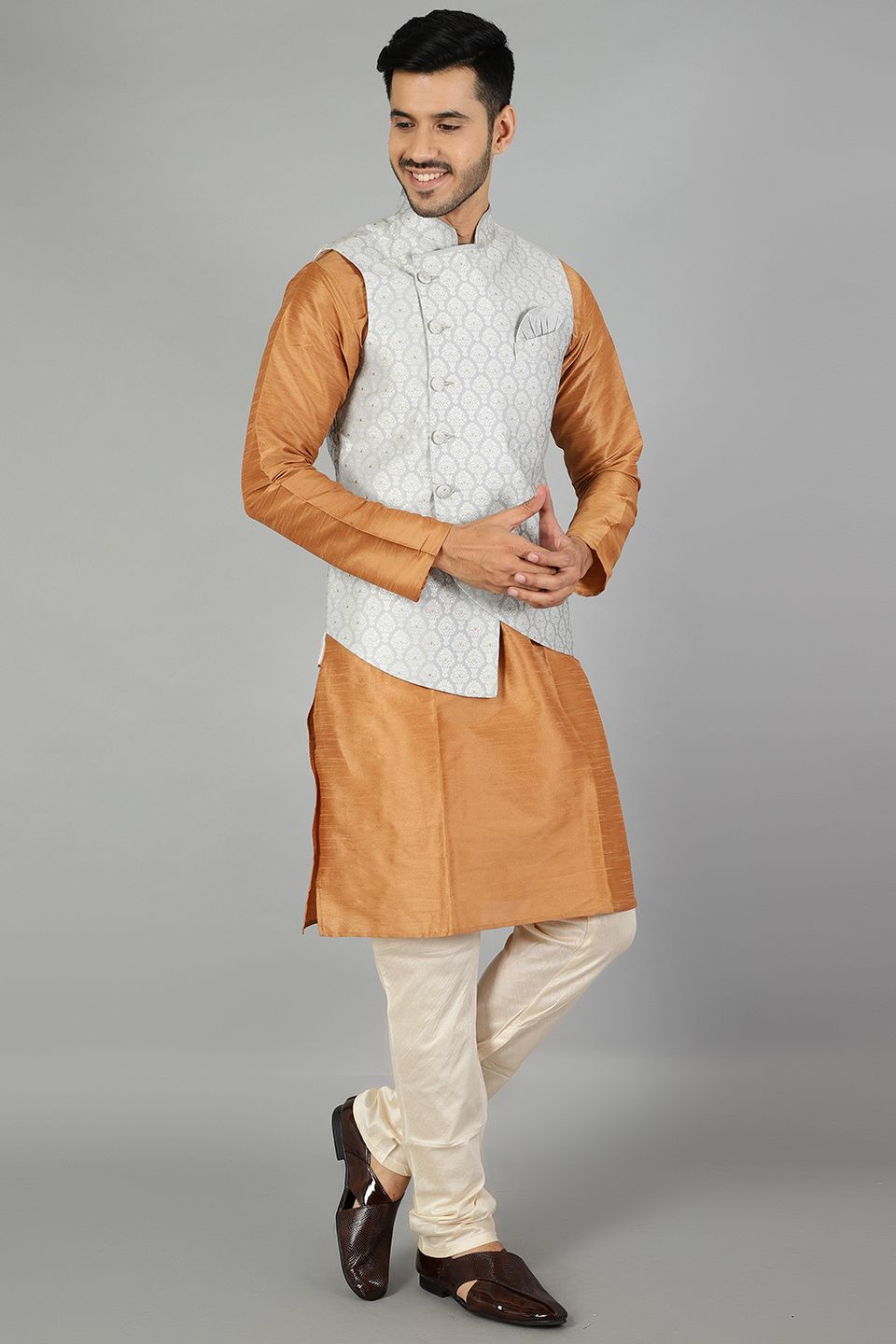 Banarasi Rayon Cotton  Plain Siver Modi Nehru Jacket