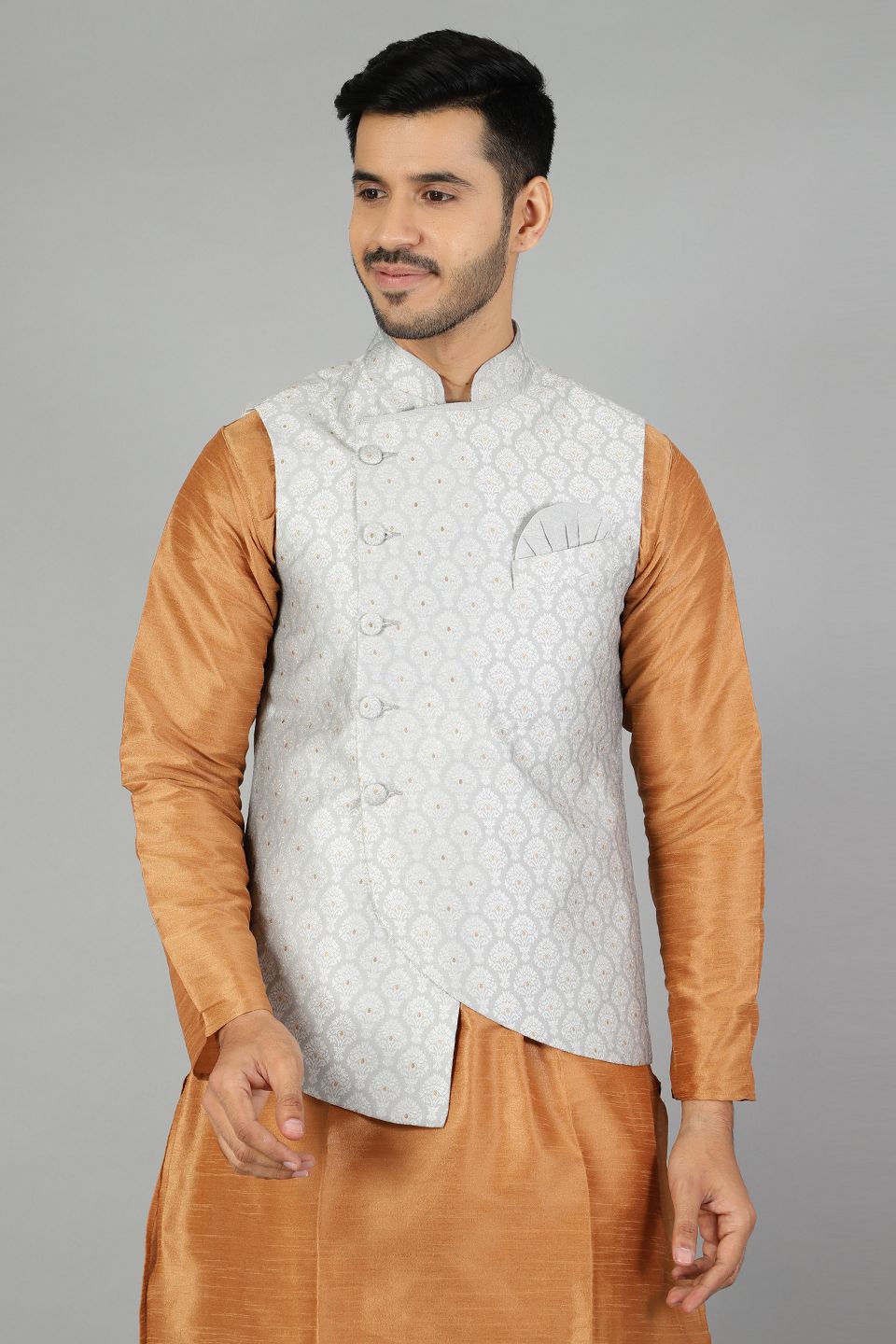 Banarasi Rayon Cotton  Plain Siver Modi Nehru Jacket