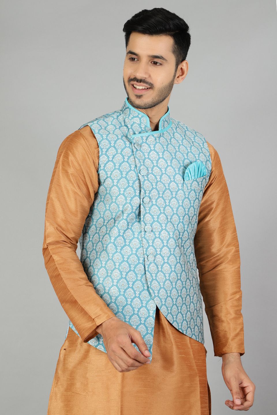 Banarasi Rayon Cotton  Plain Blue Modi Nehru Jacket