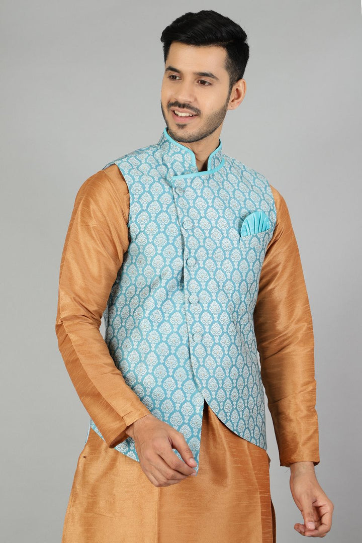 Banarasi Rayon Cotton  Plain Blue Modi Nehru Jacket
