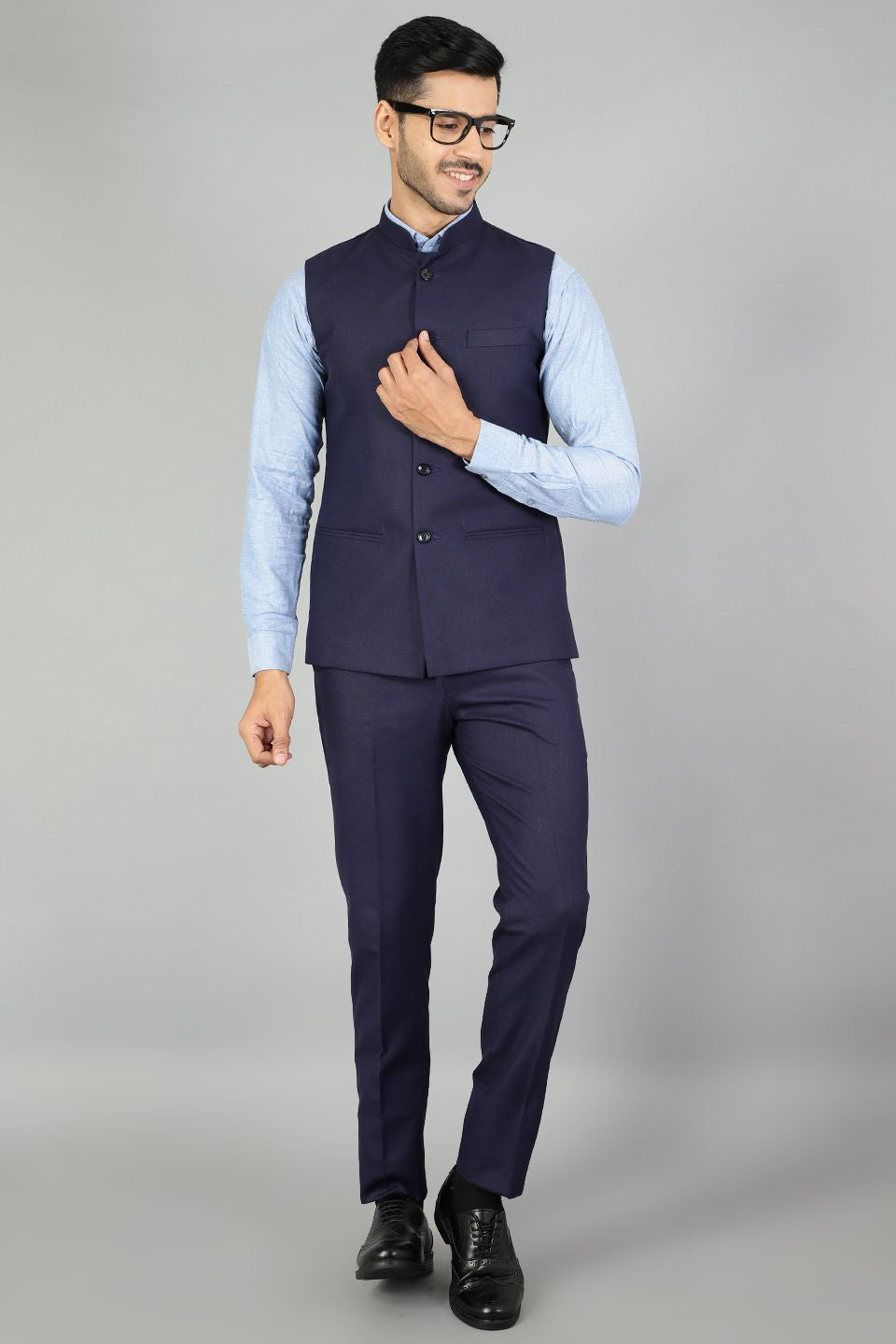 Polyester Cotton Plain Blue  Vest and Trouser Set