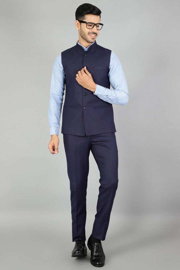 Polyester Cotton Plain Blue  Vest and Trouser Set